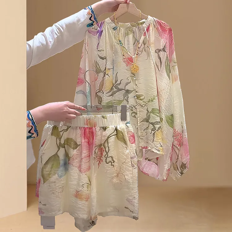 法式高级感防晒气质套装女夏季高端珍珠扣衬衫亚麻阔腿短裤两件套