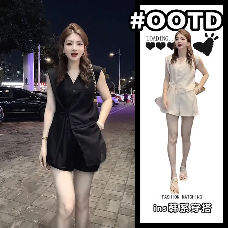 网纱拼接无袖背心上衣百搭短裤两件套2025夏季设计感系带收腰套装