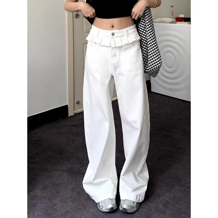 设计感白色花边牛仔裤女春季款小众宽松直筒显瘦裤子