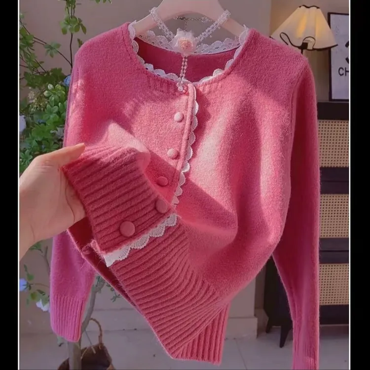 蕾丝花边方领韩系百搭毛衣开衫针织外套