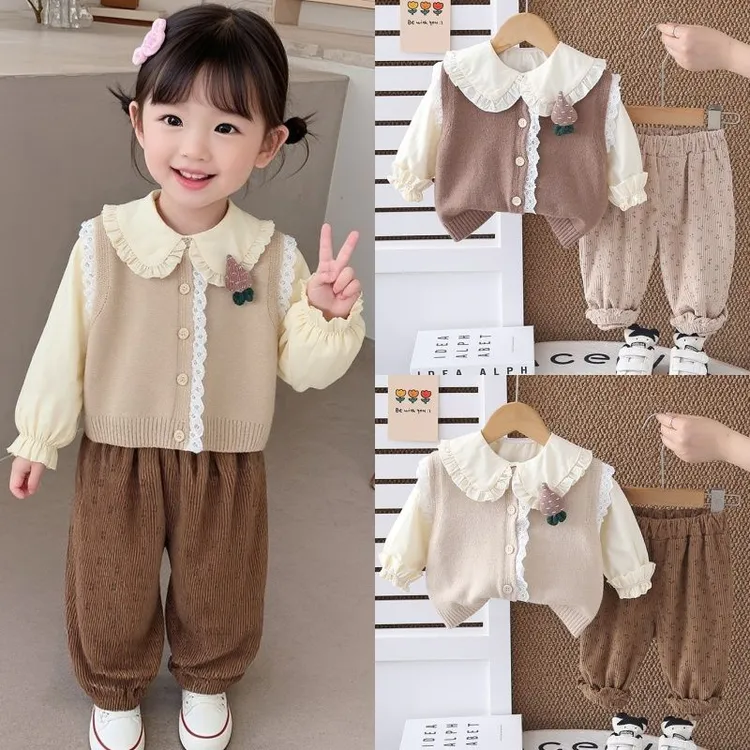 女童秋装套装2025新款洋气宝宝毛衣马甲童装春秋季儿童衣服三件套