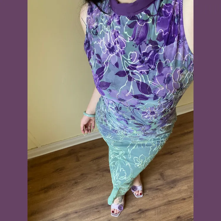 Lam muimui【花饮馆】新中式无袖旗袍连衣裙定位花修身紫色夏季印花