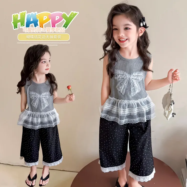 女童新款花边套装无袖阔腿裤蕾丝舒适洋气时尚爆款中小童潮流流行