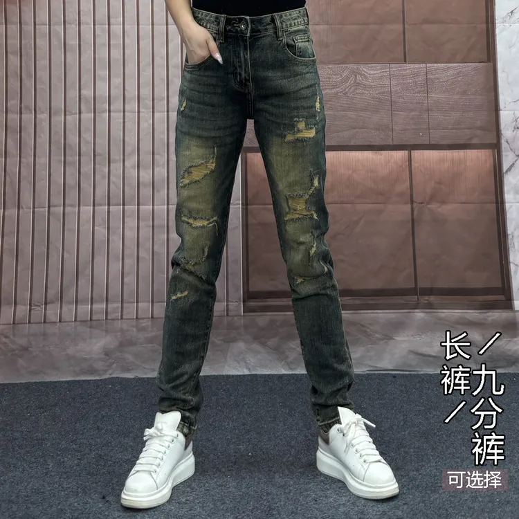秋冬新款男士牛仔裤中腰显瘦直筒小脚裤个性潮流破洞长裤/九分裤