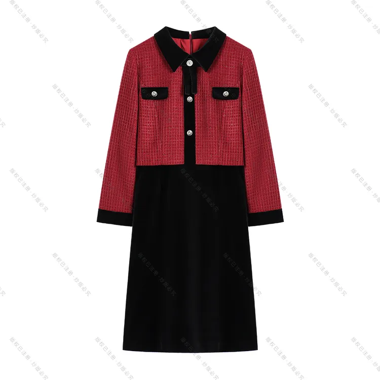 【深圳畅姐】2025新款翻领丝绒拼接气质时尚小香风显瘦连衣裙