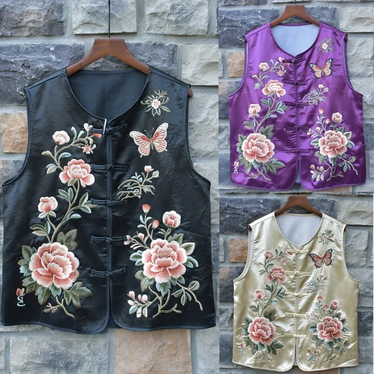 2025春夏民族风重工绣花圆领宽松马甲新中式国风女装盘扣短款坎肩