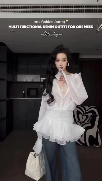 法式气质荷叶边长袖白色衬衫连衣裙春季新款百搭收腰显瘦蓬蓬短裙