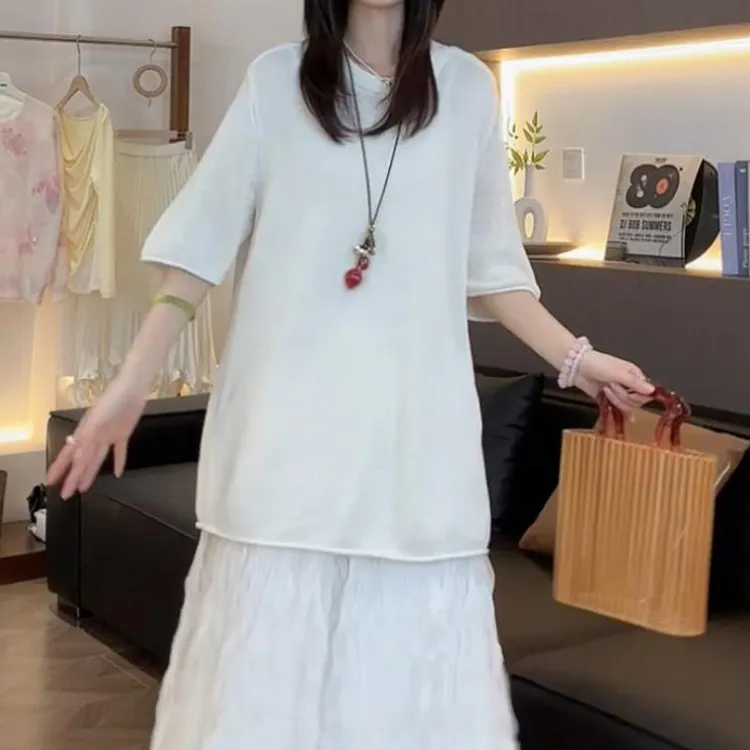 韩系设计感百搭针织短袖T恤2025夏季新款舒适百搭通勤圆领上衣女