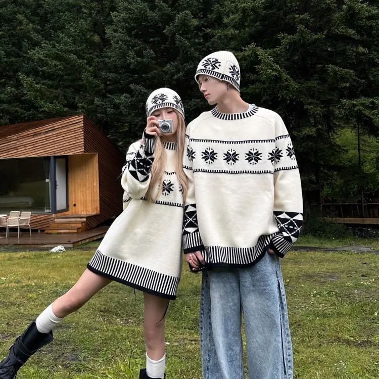 情侣装秋冬保暖发热美式保暖休闲耐脏舒适慵懒风毛衣拼接