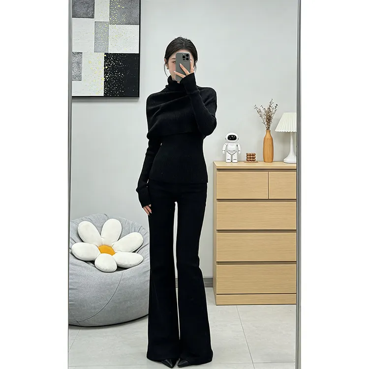 INS CEC秋冬新款韩系半高领披肩针织衫毛衣设计感微喇休闲裤套装