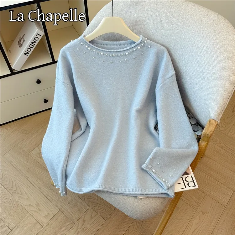 拉夏贝尔法式重工钉珠针织打底衫女秋冬季小香风毛衣外穿洋气上衣
