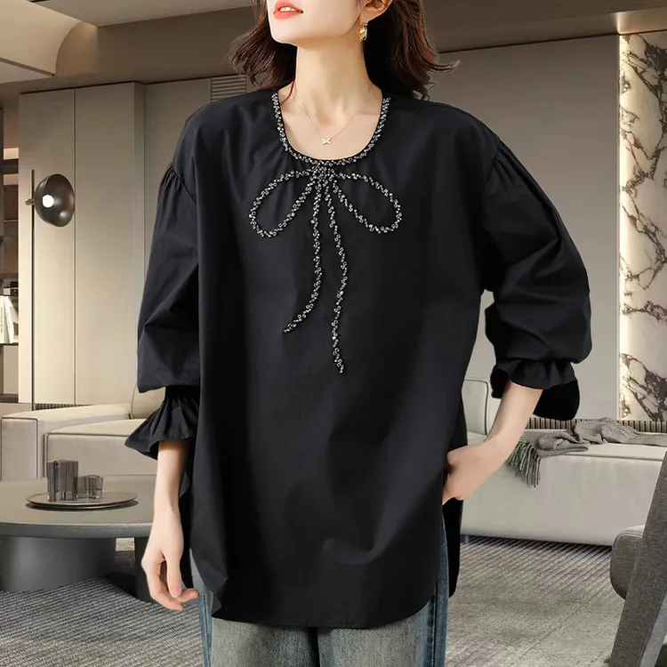 中长款长袖衬衫女2025秋季新款重工钉珠衬衣大码胖mm欧货爆款上衣