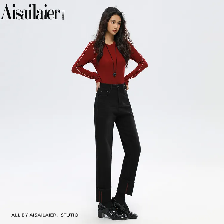 高级感加绒黑灰色四面弹力直筒裤女2025秋冬季新款翻边高腰烟管裤