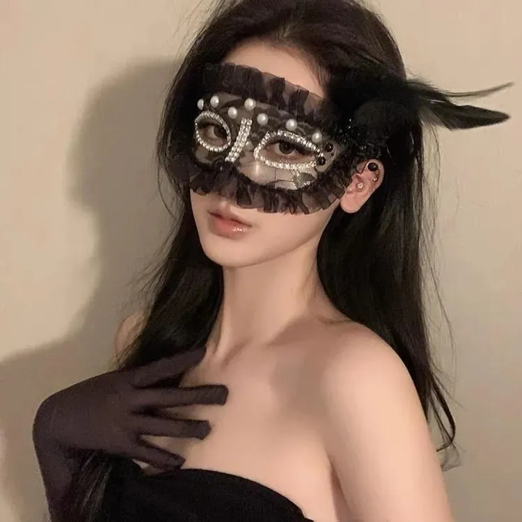 W魅魔头套假日化妆舞会公主面具女成人派对半脸面具白色羽毛半脸