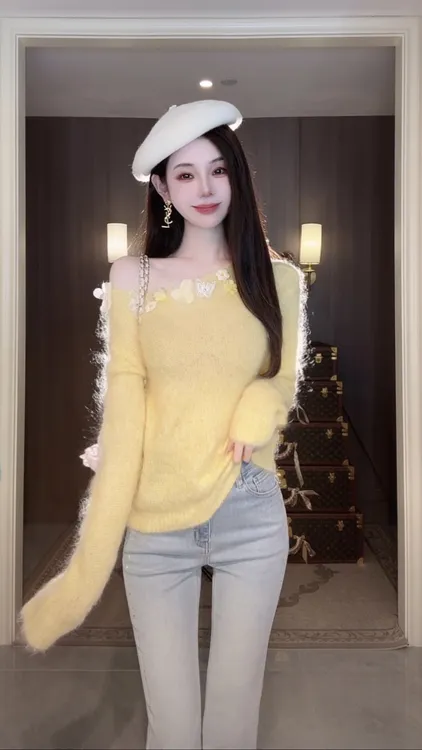 【雅乔定制】秋日茸茸 手工花朵马海毛羊毛套头毛衣DYDD-25070089