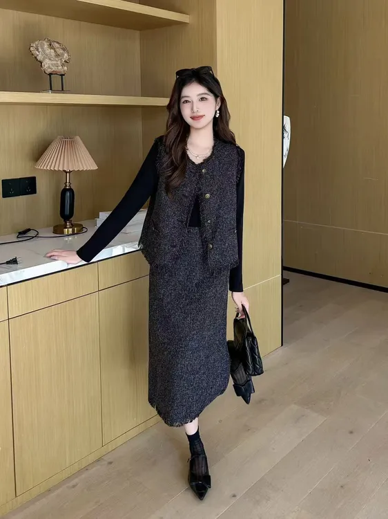 小香风INS风时尚套装裙子秋冬秋季女装显瘦法式拼接.w