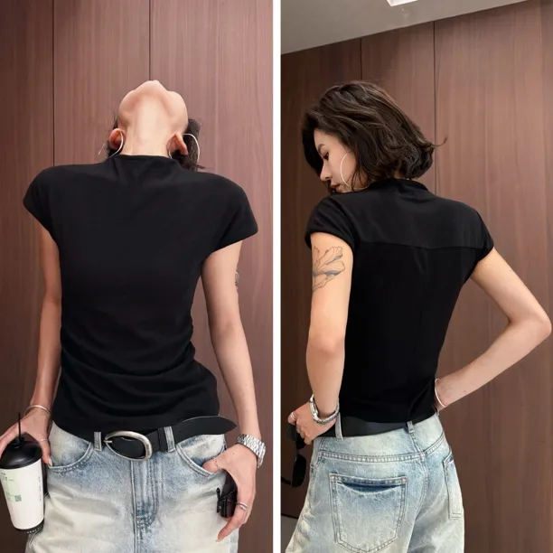 Aila｜早秋短袖后背设计感纯色棉感修身短袖T恤半高领圆领性感风