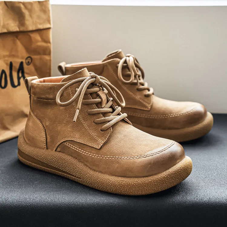 男士秋冬头层牛皮中邦靴潮流百搭复古真皮靴子软底软面舒适短靴