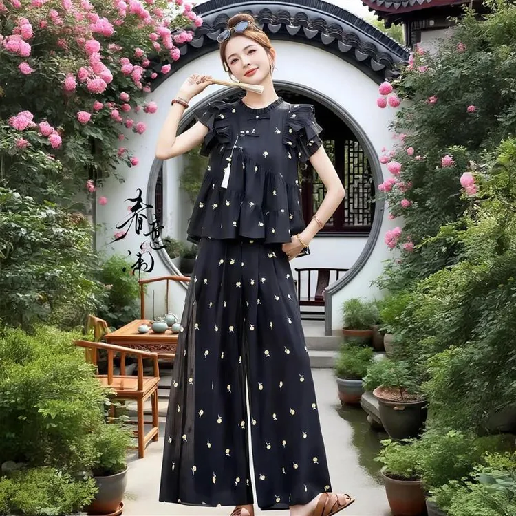 2025夏季穿搭一整套新中式女装印花雪纺上衣阔腿裤高级感时尚套装