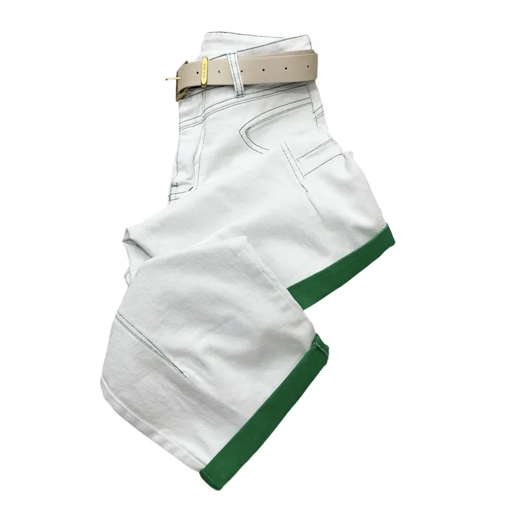 T8776彩色明线洋气撞色裤脚短九分牛仔弯刀裤（带腰带样式随机）