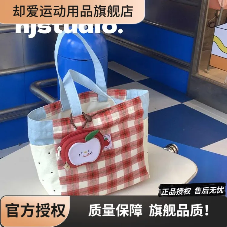 原创上班手提便当包女生ins风多口袋大容量帆布包格子上课饭盒袋