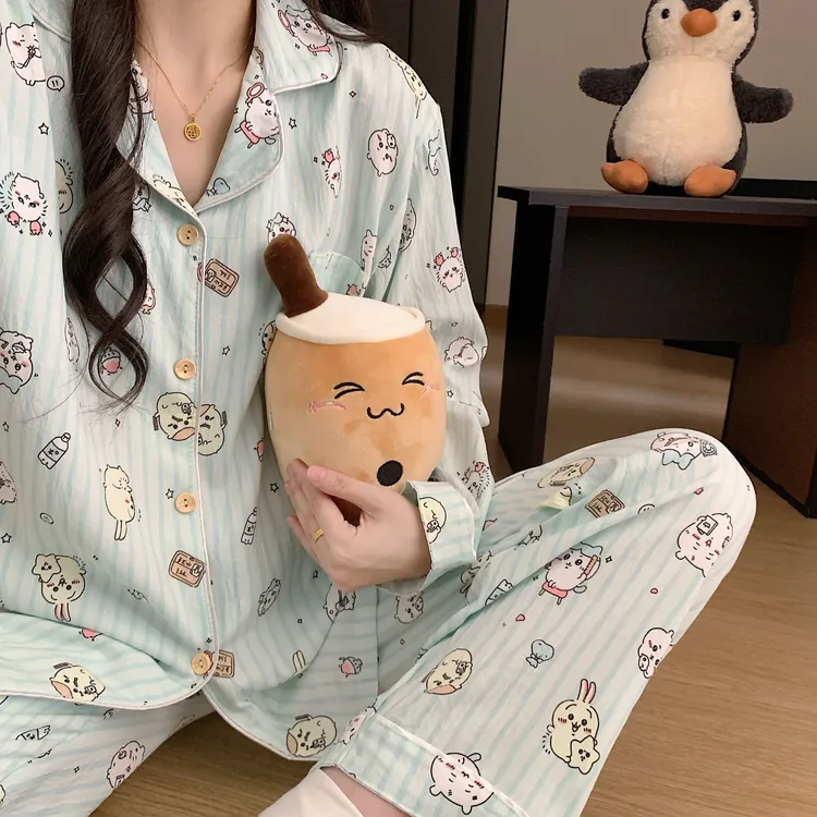 【长袖蓝条纹小八】长袖可爱卡通甜美睡衣女春秋家居服套装