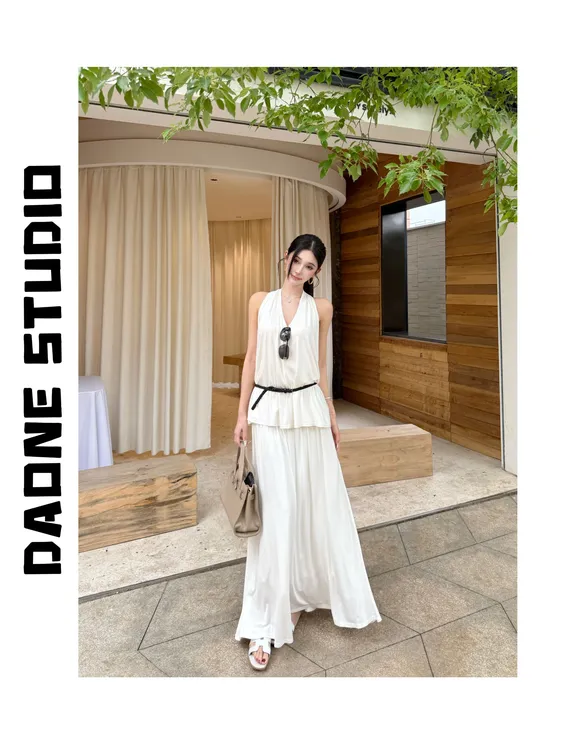 DAONE 慵懒休闲宽松双层设计挂脖绑带上衣+设计感百褶半身裙套装
