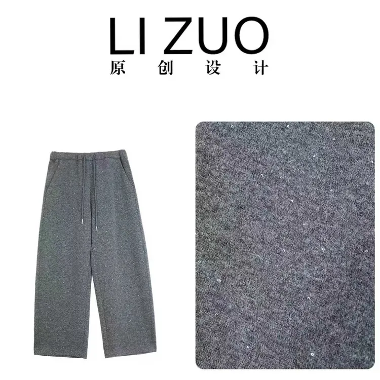 大码胖mm260g粗针羊绒复合复合双纱单面时尚百搭松紧腰弯刀裤9975