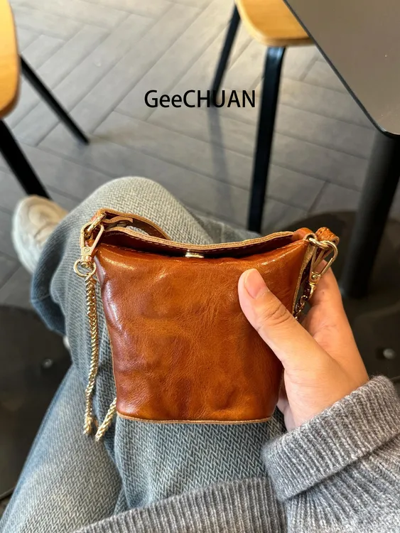 GeeCHUAN 复古百搭精致可爱零钱包卡包女链条斜跨手提包小水桶包