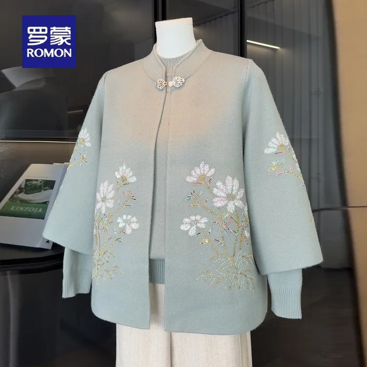 罗蒙国风中老年针织衫套装女2025新款洋气大码妈妈秋装毛衣两件套
