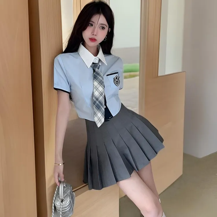 夏季学院风小个子气质两件套女jk减龄短袖衬衫高腰显瘦百搭百褶裙