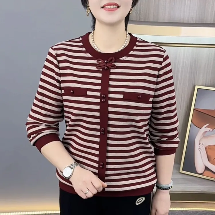 秋冬新款时尚条纹中老年妈妈装加绒保暖休闲显瘦打底上衣H9992