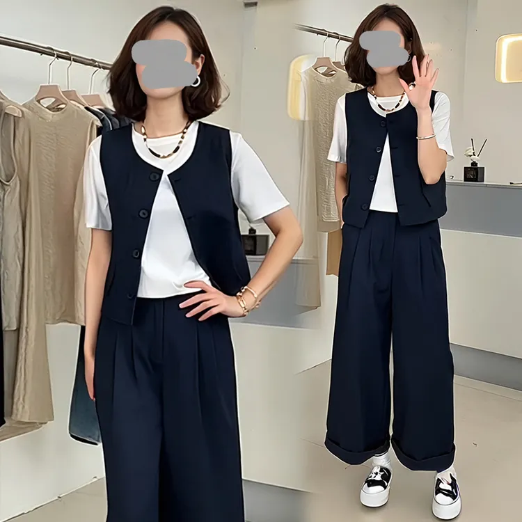 韩系气质休闲马甲套装女2025夏季一整套ootd穿搭T恤阔腿裤三件套