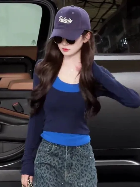 插肩袖修身型老钱风长袖U型领T恤显瘦秋季修身夏季