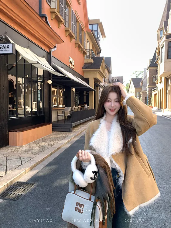 人造皮草 【旧日咖啡馆】复古韩系皮草外套女冬仿狐狸毛麂皮绒大衣