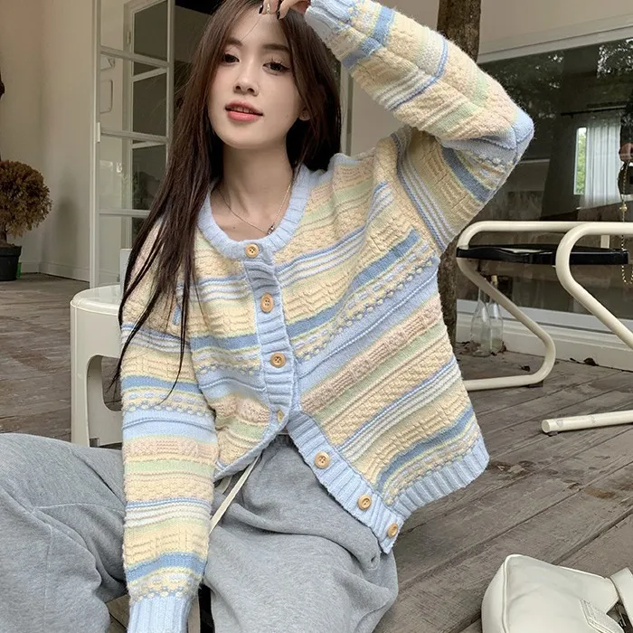 早春秋年新款韩版宽松条纹外衣百搭针织毛衣薄款开衫外套女士
