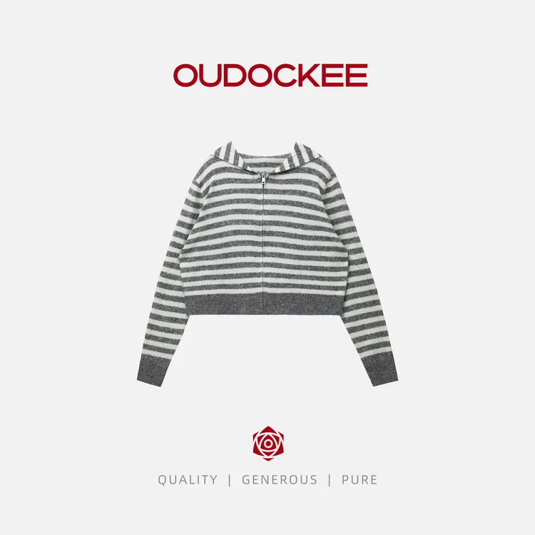  OUDOCKEE 鸥鸥【羊毛】条纹连帽针织开衫外套女秋季新款 9635