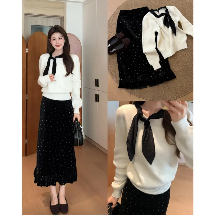 甜美韩系蝴蝶结领结两件套女秋冬高级感针织连衣裙小香风气质穿搭