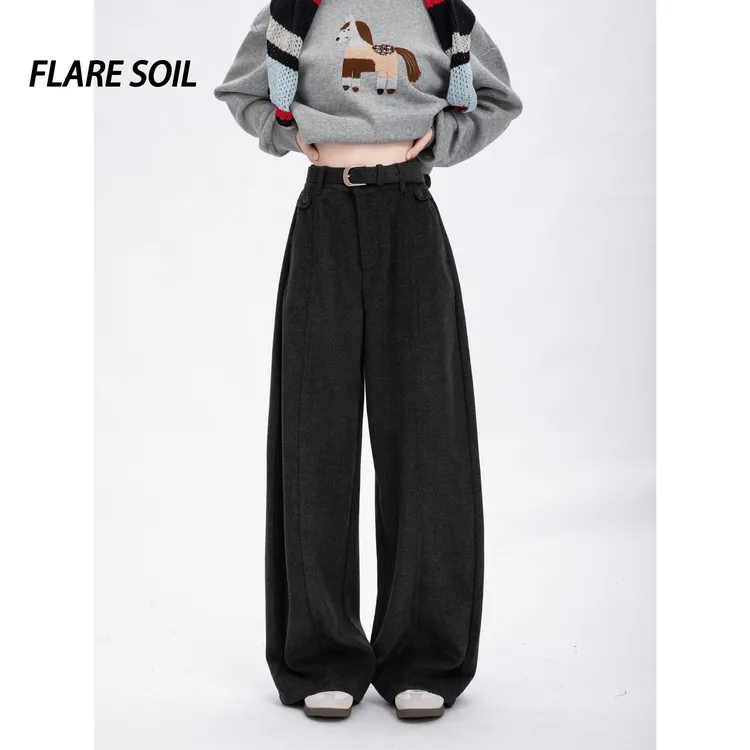 【FLARE SOIL】竖条拼接弯刀裤毛呢裤复古秋冬保暖长裤裤子 T4909B