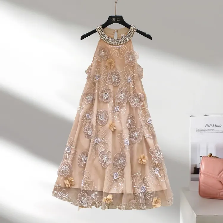 生日派对礼服女夏装镶钻挂脖圆领立体花朵a字网纱连衣裙小众