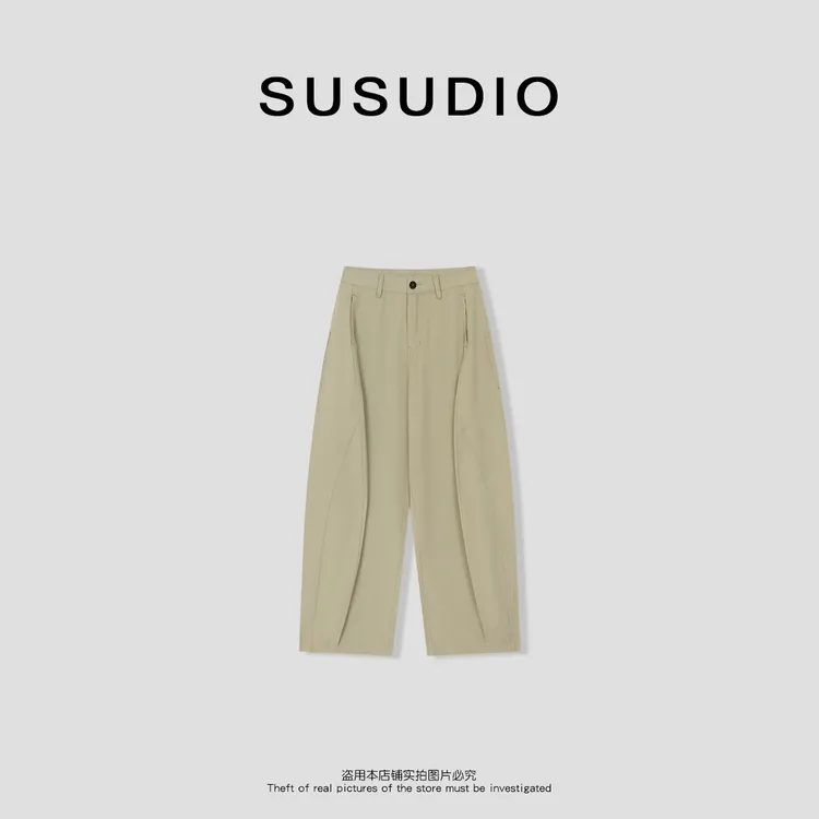  SUSUDIO  老钱风工装裁剪立体弯刀裤修饰腿型宽松休闲裤 40539