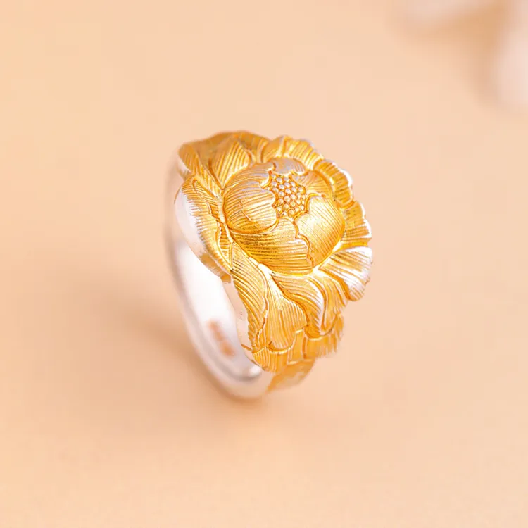 足银戒指 足银999描金牡丹花开口戒指国潮风精致百搭送女朋友礼物