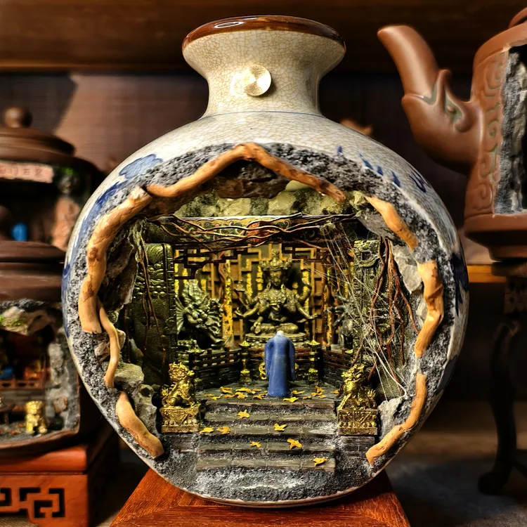 汝瓷花瓶桌面微缩景观手工镂空陶瓷创意