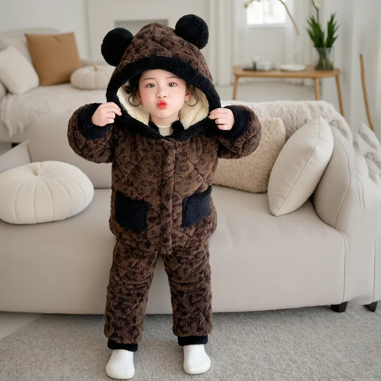 女童睡衣冬季女孩宝宝加厚豹纹套装三层夹棉儿童法兰绒冬装家居服