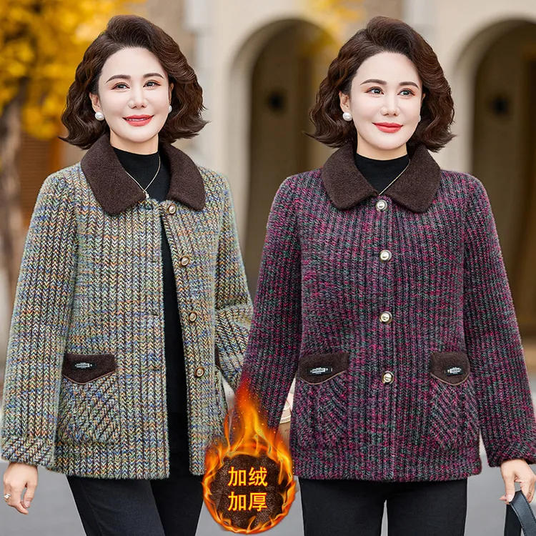 俞兆林新款老年人妈妈冬装加绒加厚翻领外套新款洋气时尚仿仿貂绒