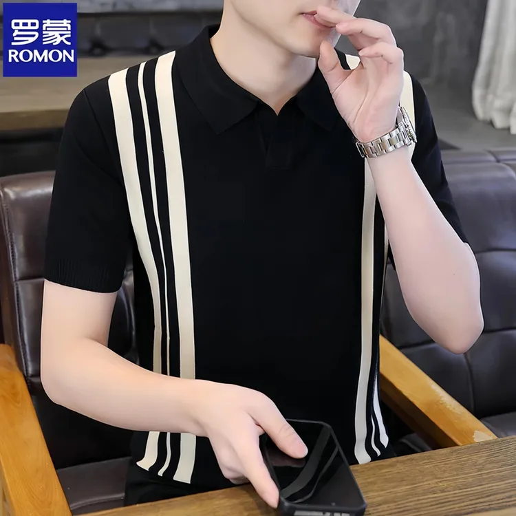 Romon/罗蒙夏季冰丝Polo衫男士休闲翻领修身休闲半袖潮流撞色短袖