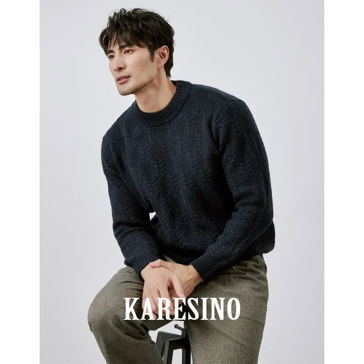 KARESINO冬季保暖100％绵羊毛 男士提花纯羊毛圆领套头毛衣针织衫