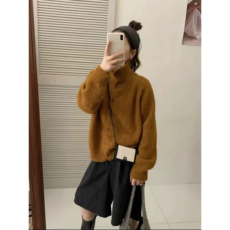 2569宽松短款针织衫复古毛衣女装慵懒风动物图案薄款外套圆领长袖
