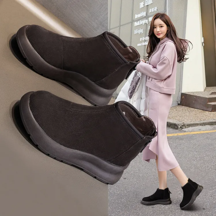 大码厚底雪地靴女磨砂皮2024冬季短筒加绒加厚东北保暖毛毛棉鞋