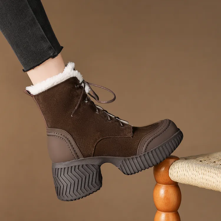 小个子手工女鞋7.5cm~厚底增高复古短靴圆头侧拉链系带马丁靴女